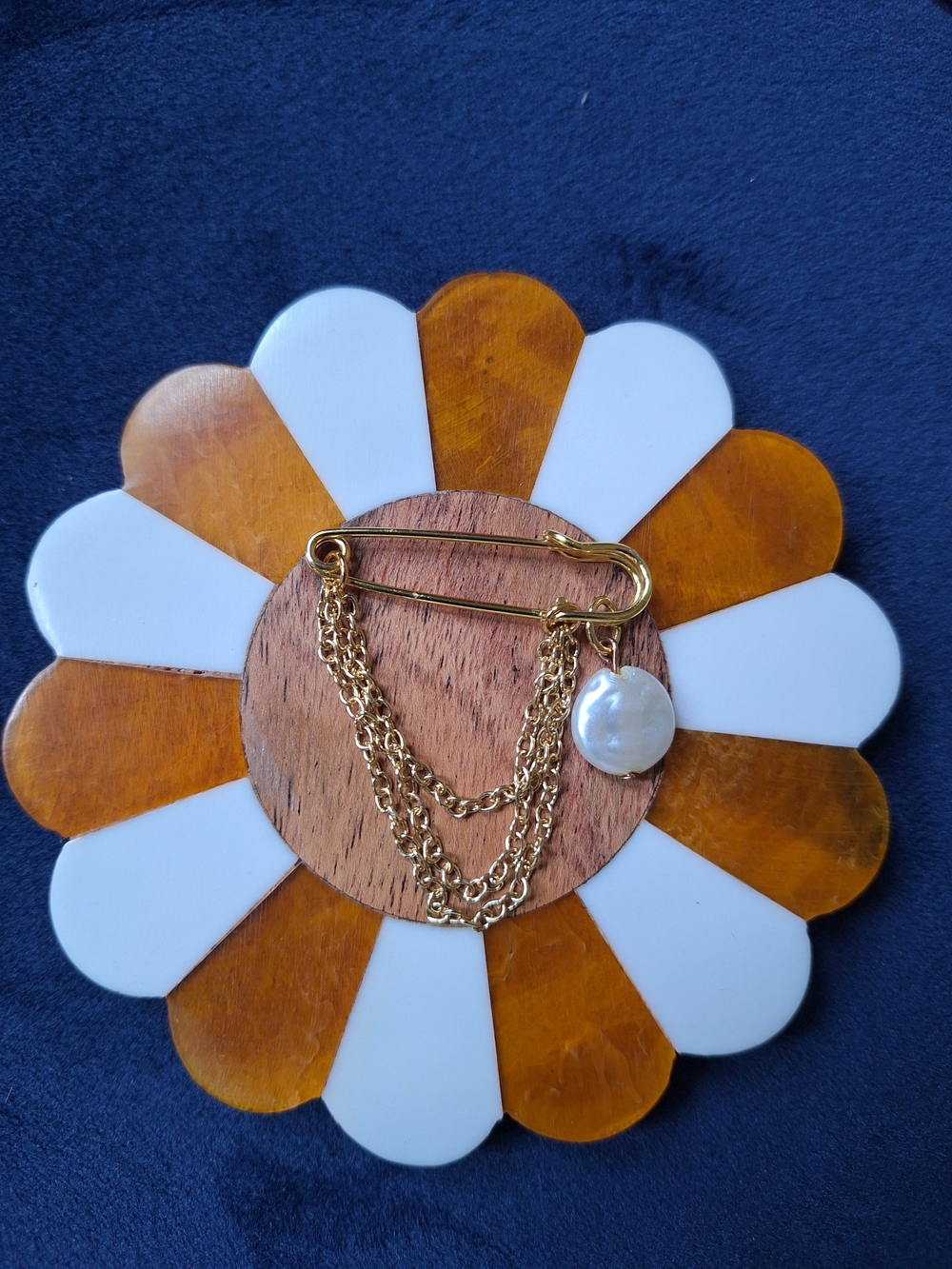 Gold-tone Multi-Chain Safety Pin Brooch with White Pearl Charm